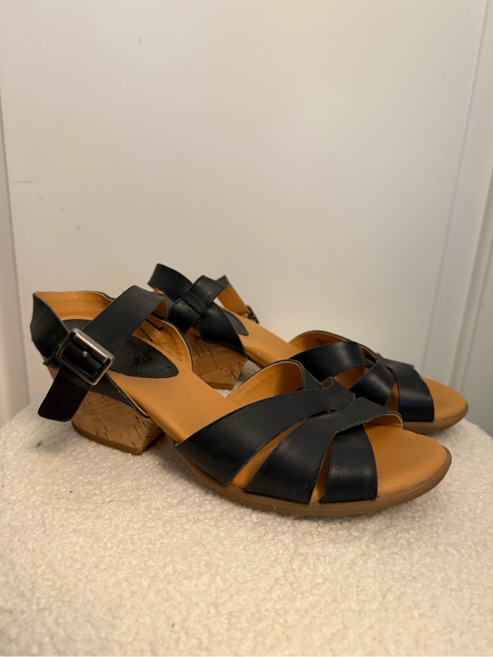 Kork-Ease Black Leather Cross-Strap Cork Block Heel Sandals